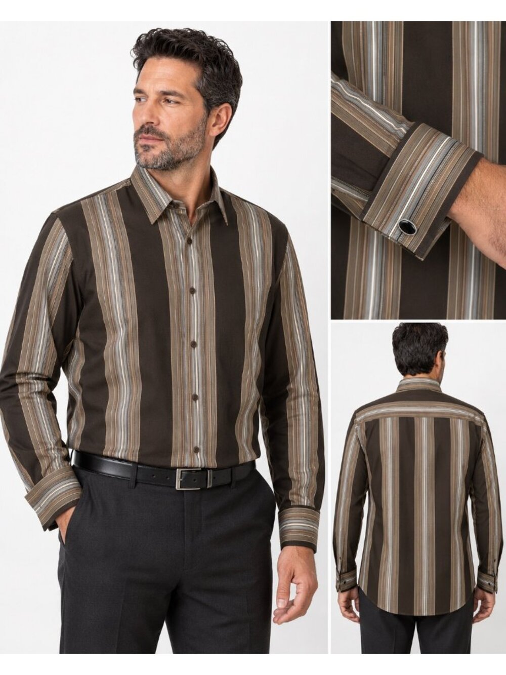 Murano Modern Comfort Mens 2XT Brown Striped Dress Shirt Stretch Cotton Big Tall